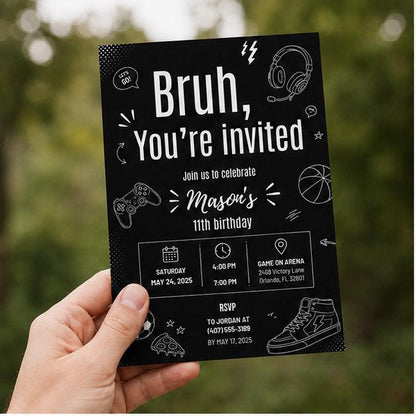 Editable Gamer Birthday Invitation Canva Template, Black White Modern Boys Teens Cute Fun DIY Chic Party Invite, Printable Digital Download.
