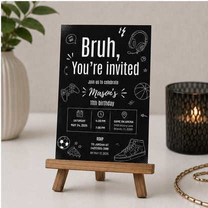 Editable Gamer Birthday Invitation Canva Template, Black White Modern Boys Teens Cute Fun DIY Chic Party Invite, Printable Digital Download.