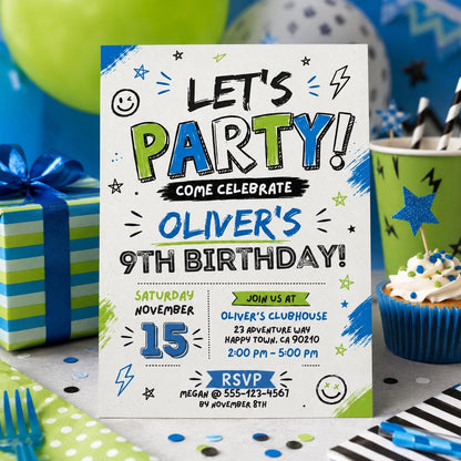 Editable Let Birthday Invitation Canva Template, Black White Boys Kids Cute Modern Fun Instant DIY Party Invite, Printable Digital Download.