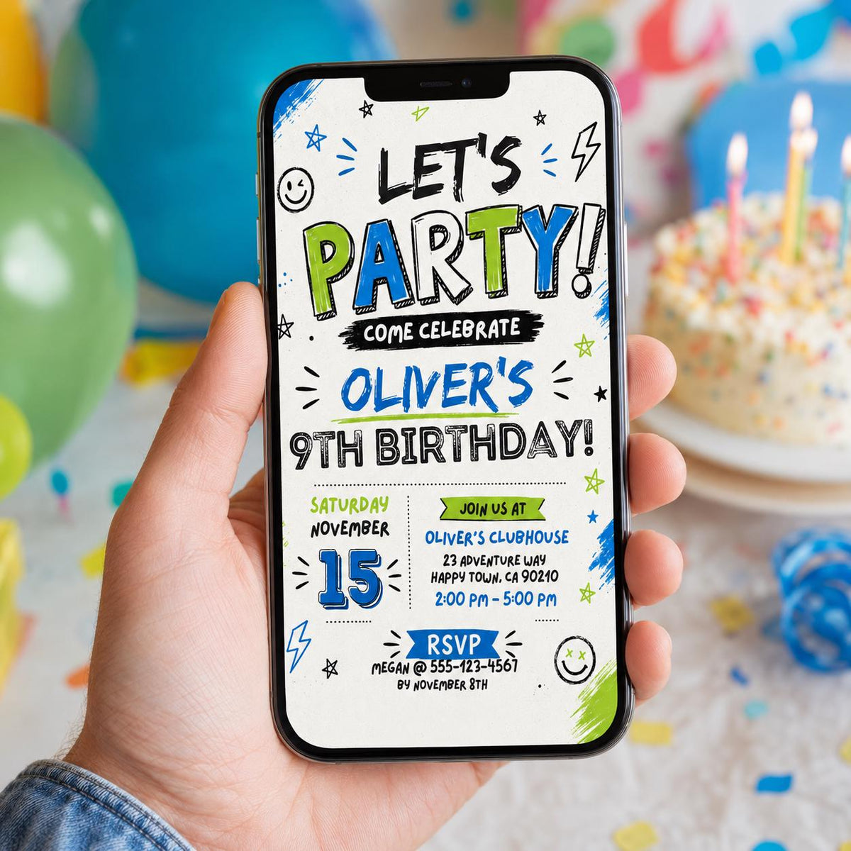 Editable Let Birthday Invitation Canva Template, Black White Boys Kids Cute Modern Fun Instant DIY Party Invite, Printable Digital Download.