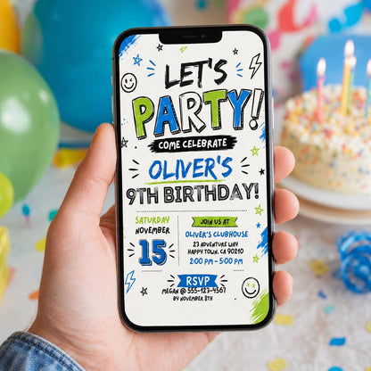 Editable Let Birthday Invitation Canva Template, Black White Boys Kids Cute Modern Fun Instant DIY Party Invite, Printable Digital Download.