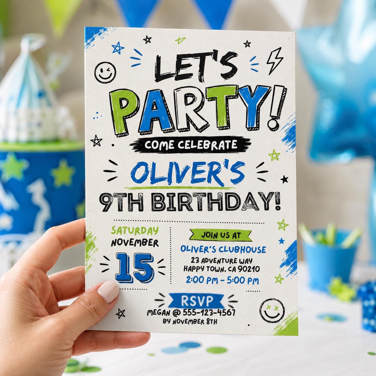 Editable Let Birthday Invitation Canva Template, Black White Boys Kids Cute Modern Fun Instant DIY Party Invite, Printable Digital Download.