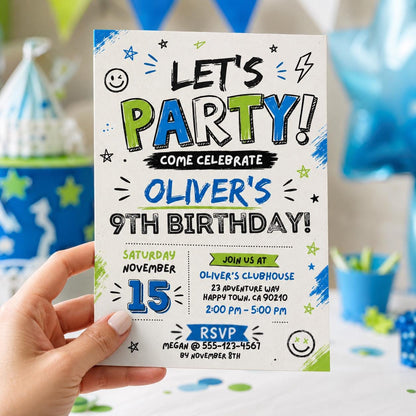 Editable Let Birthday Invitation Canva Template, Black White Boys Kids Cute Modern Fun Instant DIY Party Invite, Printable Digital Download.