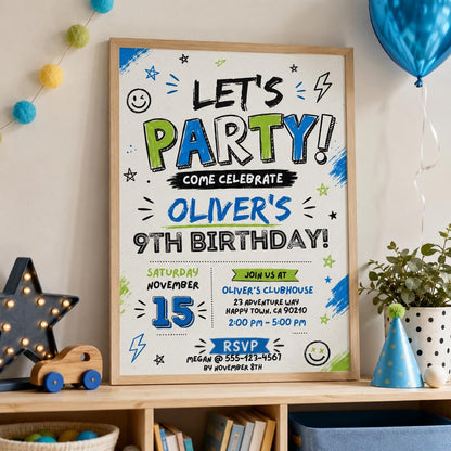 Editable Let Birthday Invitation Canva Template, Black White Boys Kids Cute Modern Fun Instant DIY Party Invite, Printable Digital Download.