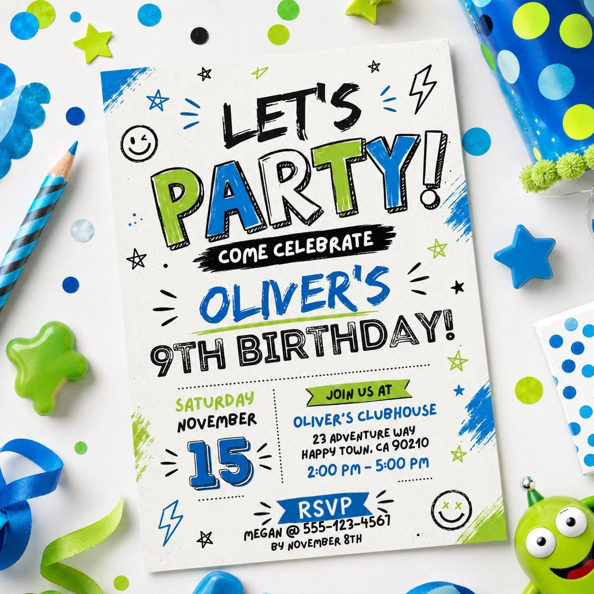 Editable Let Birthday Invitation Canva Template, Black White Boys Kids Cute Modern Fun Instant DIY Party Invite, Printable Digital Download.