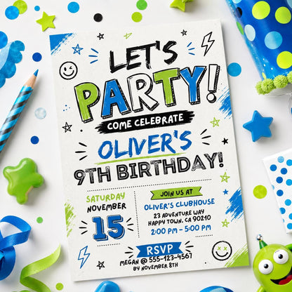 Editable Let Birthday Invitation Canva Template, Black White Boys Kids Cute Modern Fun Instant DIY Party Invite, Printable Digital Download.