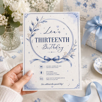 Editable Blue Bow Birthday Invitation Canva Template, Luxury Floral Girls Kids Cute Modern Fun DIY Party Invite, Printable Digital Download.