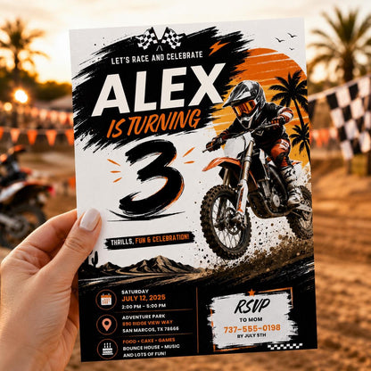 Editable Motocross Birthday Invitation Canva Template, Boys Kids Cute Modern Fun Themed Custom DIY Party Invite, Printable Digital Download.