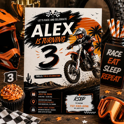 Editable Motocross Birthday Invitation Canva Template, Boys Kids Cute Modern Fun Themed Custom DIY Party Invite, Printable Digital Download.