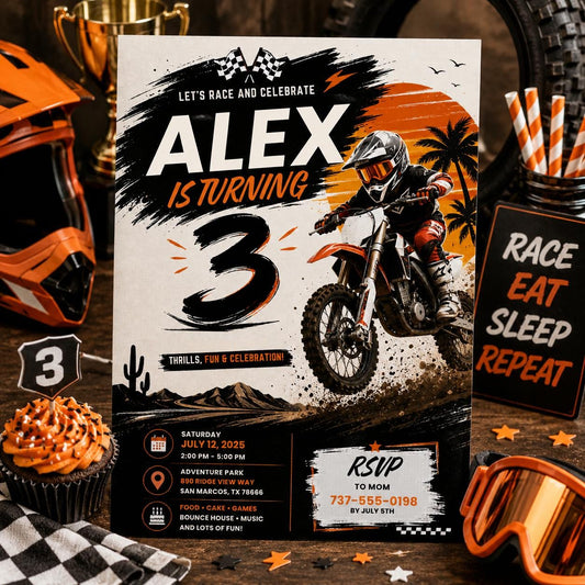 Editable Motocross Birthday Invitation Canva Template, Boys Kids Cute Modern Fun Themed Custom DIY Party Invite, Printable Digital Download.