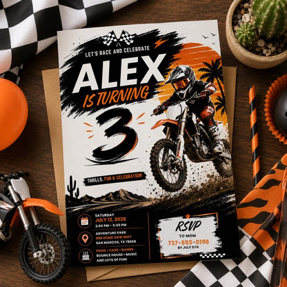Editable Motocross Birthday Invitation Canva Template, Boys Kids Cute Modern Fun Themed Custom DIY Party Invite, Printable Digital Download.