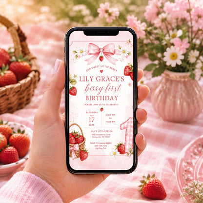Editable Berry First Birthday Invitation Canva Template, Girls Kids Cute Modern Fun DIY Sweet Chic Party Invite, Printable Digital Download.