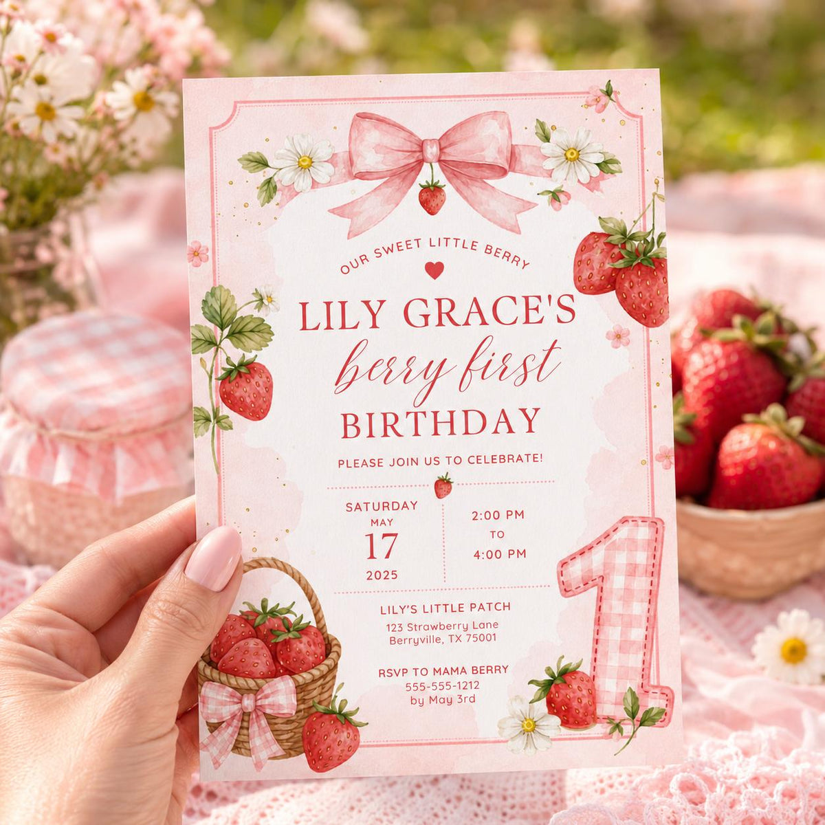 Editable Berry First Birthday Invitation Canva Template, Girls Kids Cute Modern Fun DIY Sweet Chic Party Invite, Printable Digital Download.