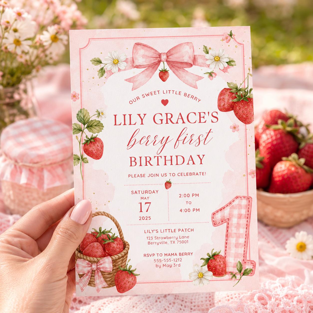 Editable Berry First Birthday Invitation Canva Template, Girls Kids Cute Modern Fun DIY Sweet Chic Party Invite, Printable Digital Download.