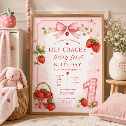 Editable Berry First Birthday Invitation Canva Template, Girls Kids Cute Modern Fun DIY Sweet Chic Party Invite, Printable Digital Download.
