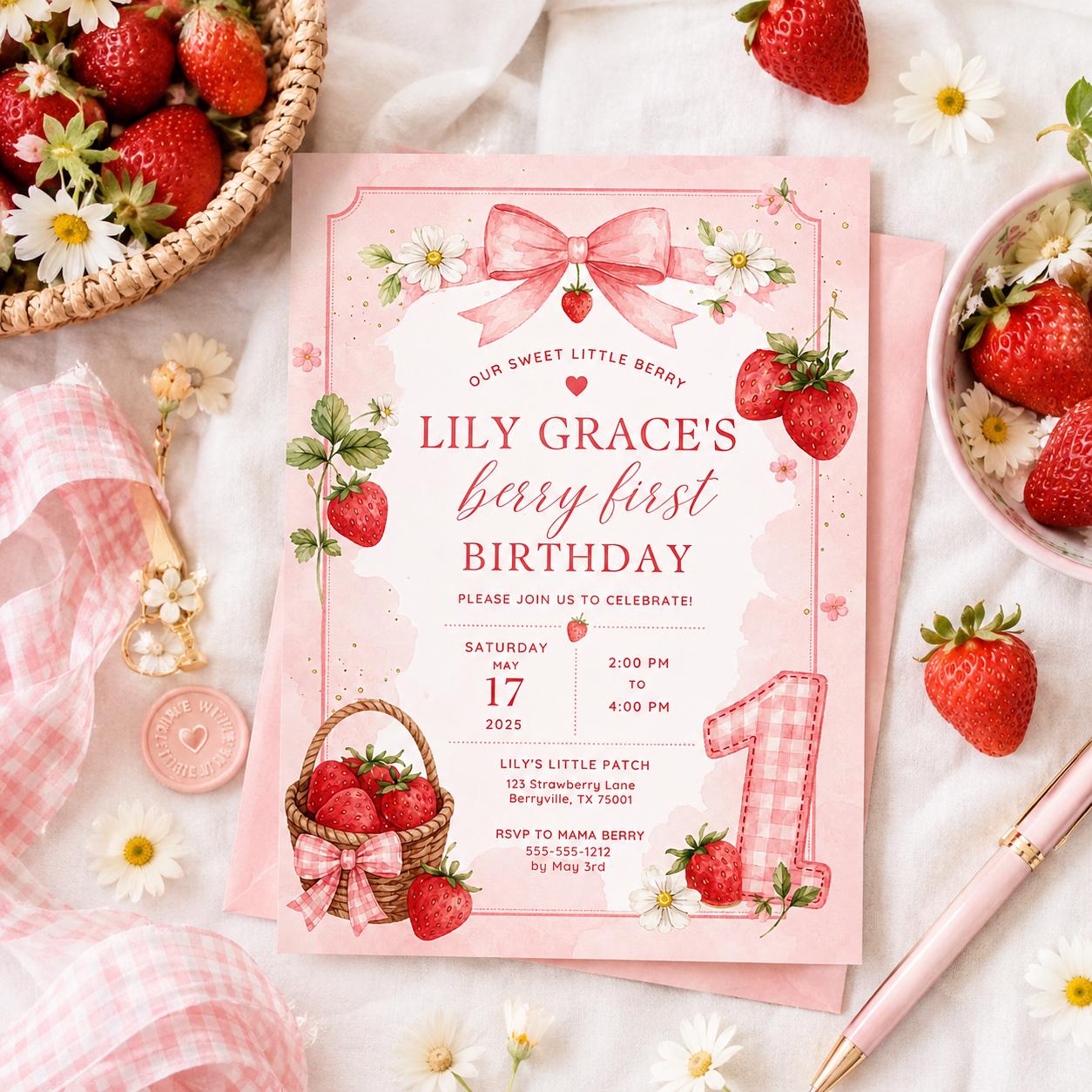 Editable Berry First Birthday Invitation Canva Template, Girls Kids Cute Modern Fun DIY Sweet Chic Party Invite, Printable Digital Download.