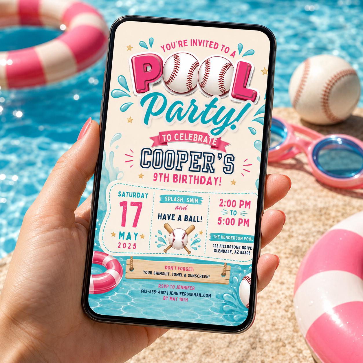 Editable Baseball Pool Birthday Invitation Canva Template, Cream Teens Pool Cute Fun DIY Chic Kids Party Invite, Printable Digital Download.