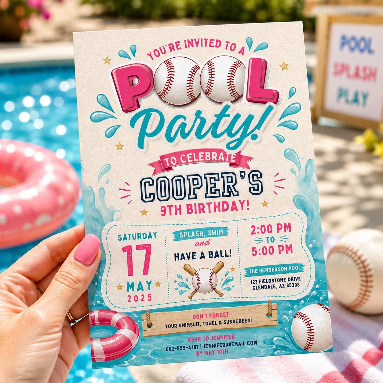 Editable Baseball Pool Birthday Invitation Canva Template, Cream Teens Pool Cute Fun DIY Chic Kids Party Invite, Printable Digital Download.
