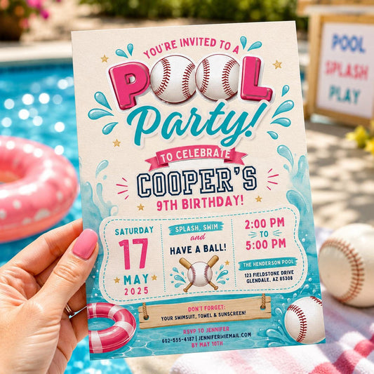 Editable Baseball Pool Birthday Invitation Canva Template, Cream Teens Pool Cute Fun DIY Chic Kids Party Invite, Printable Digital Download.