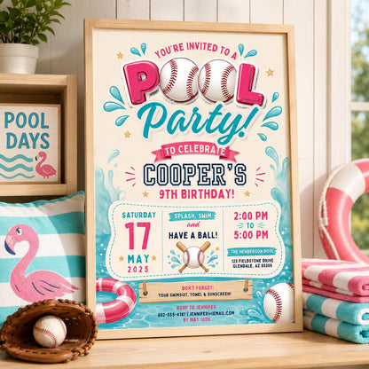 Editable Baseball Pool Birthday Invitation Canva Template, Cream Teens Pool Cute Fun DIY Chic Kids Party Invite, Printable Digital Download.