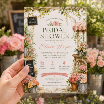 Editable Farmers Market Bridal Shower Invitation Canva Template, Adult Cute Fun DIY Chic Kids Teen Party Invite, Printable Digital Download.