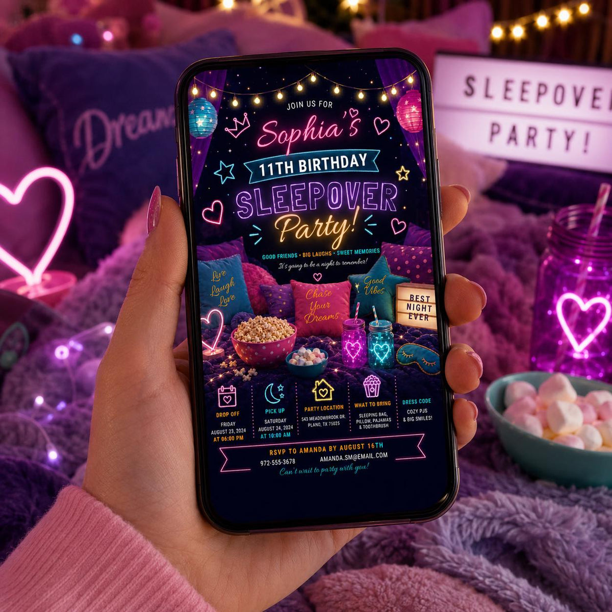 Editable Sleepover Birthday Invitation Canva Template, Pink Girls Kids Teens Modern Fun Themed DIY Party Invite, Printable Digital Download.