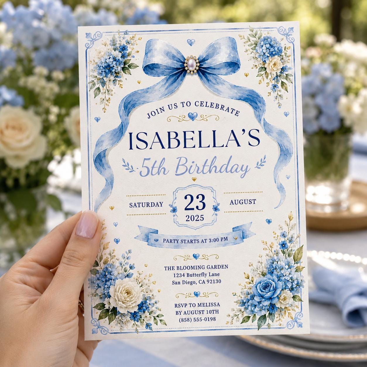 Editable Blue Bow Birthday Invitation Canva Template, Luxury Floral Girls Kids Cute Modern Fun DIY Party Invite, Printable Digital Download.