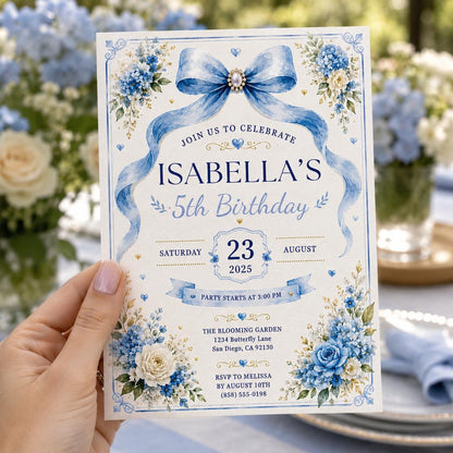 Editable Blue Bow Birthday Invitation Canva Template, Luxury Floral Girls Kids Cute Modern Fun DIY Party Invite, Printable Digital Download.