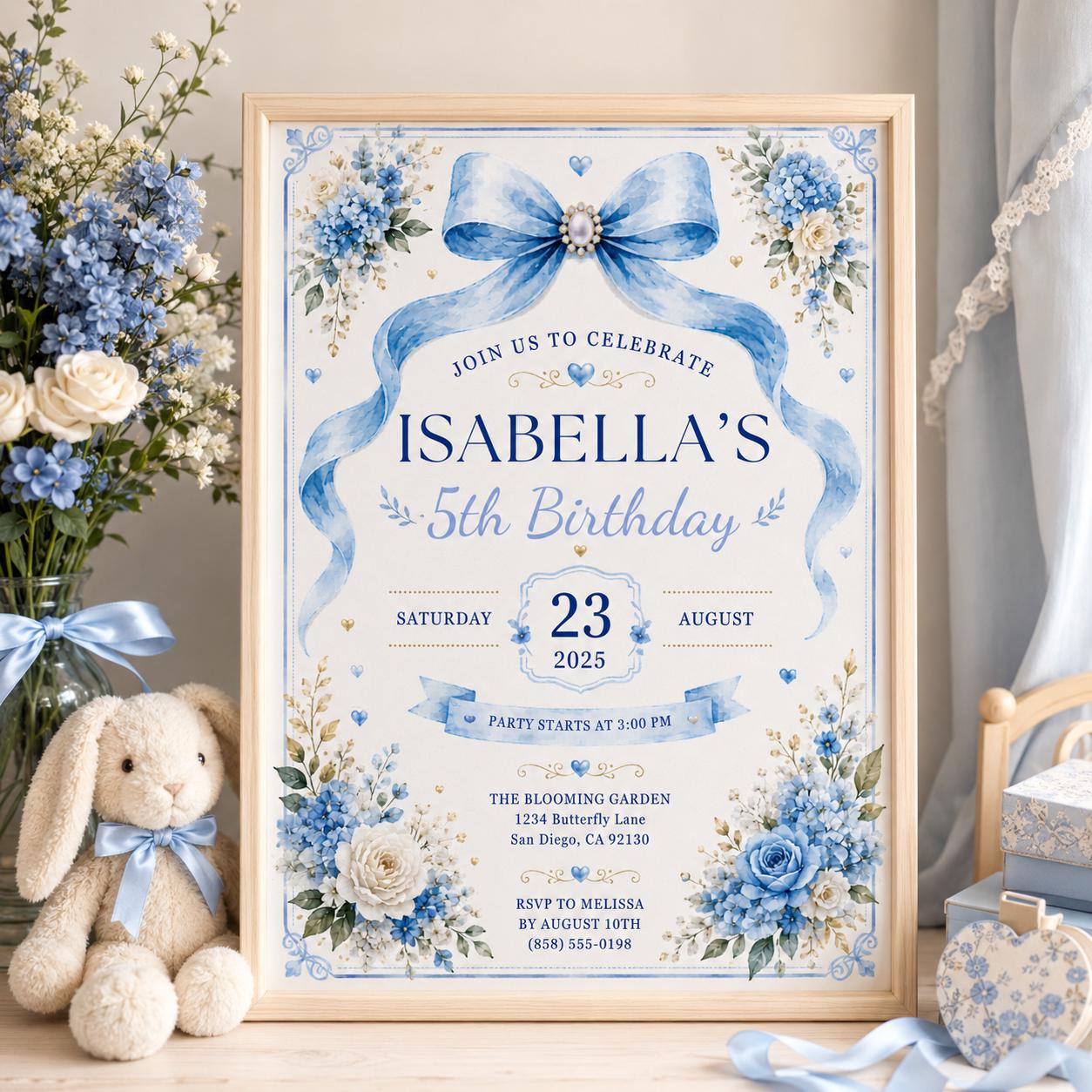 Editable Blue Bow Birthday Invitation Canva Template, Luxury Floral Girls Kids Cute Modern Fun DIY Party Invite, Printable Digital Download.