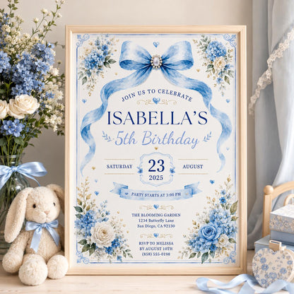 Editable Blue Bow Birthday Invitation Canva Template, Luxury Floral Girls Kids Cute Modern Fun DIY Party Invite, Printable Digital Download.