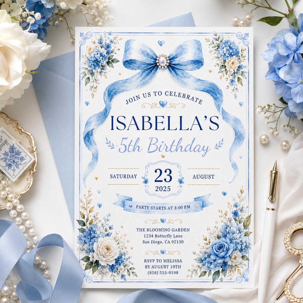 Editable Blue Bow Birthday Invitation Canva Template, Luxury Floral Girls Kids Cute Modern Fun DIY Party Invite, Printable Digital Download.