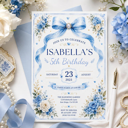 Editable Blue Bow Birthday Invitation Canva Template, Luxury Floral Girls Kids Cute Modern Fun DIY Party Invite, Printable Digital Download.