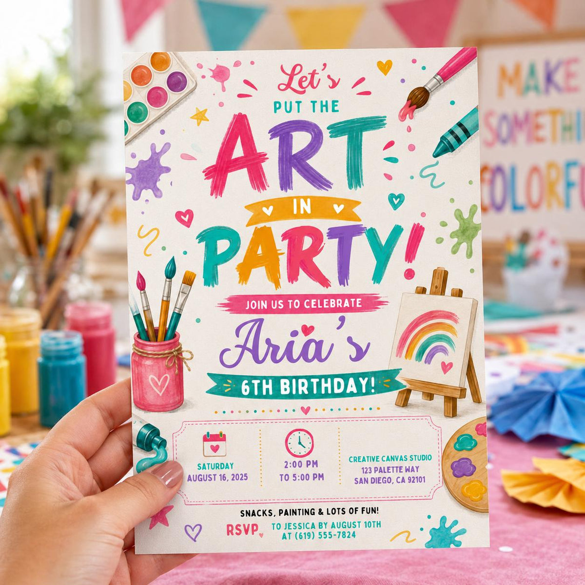 Editable Art Birthday Invitation Canva Template, Cute Modern Fun Themed Custom DIY Sweet Chic Kids Party Invite, Printable Digital Download.