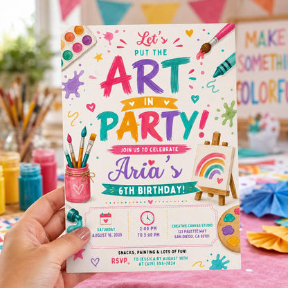 Editable Art Birthday Invitation Canva Template, Cute Modern Fun Themed Custom DIY Sweet Chic Kids Party Invite, Printable Digital Download.