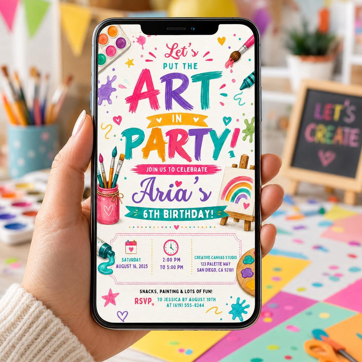Editable Art Birthday Invitation Canva Template, Cute Modern Fun Themed Custom DIY Sweet Chic Kids Party Invite, Printable Digital Download.