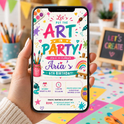 Editable Art Birthday Invitation Canva Template, Cute Modern Fun Themed Custom DIY Sweet Chic Kids Party Invite, Printable Digital Download.