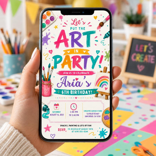 Editable Art Birthday Invitation Canva Template, Cute Modern Fun Themed Custom DIY Sweet Chic Kids Party Invite, Printable Digital Download.