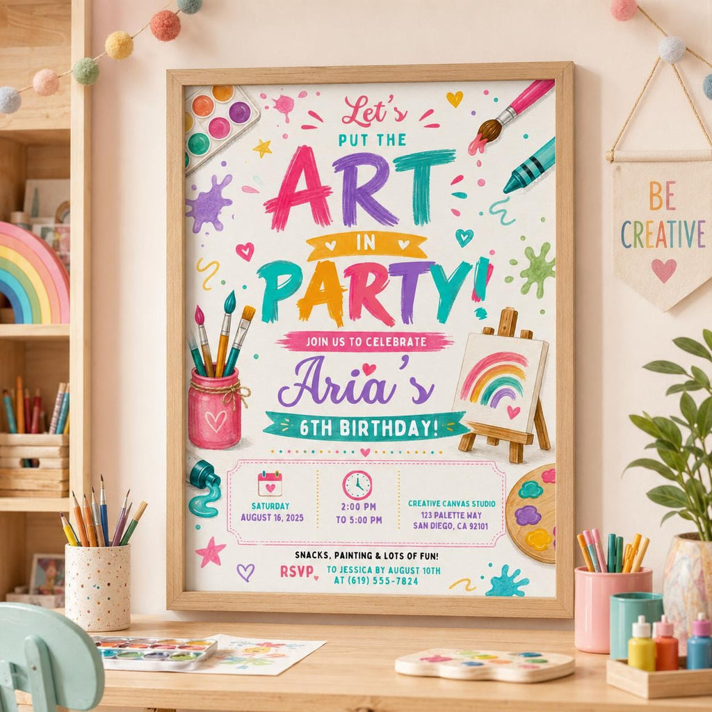 Editable Art Birthday Invitation Canva Template, Cute Modern Fun Themed Custom DIY Sweet Chic Kids Party Invite, Printable Digital Download.
