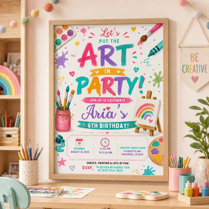 Editable Art Birthday Invitation Canva Template, Cute Modern Fun Themed Custom DIY Sweet Chic Kids Party Invite, Printable Digital Download.