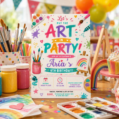 Editable Art Birthday Invitation Canva Template, Cute Modern Fun Themed Custom DIY Sweet Chic Kids Party Invite, Printable Digital Download.