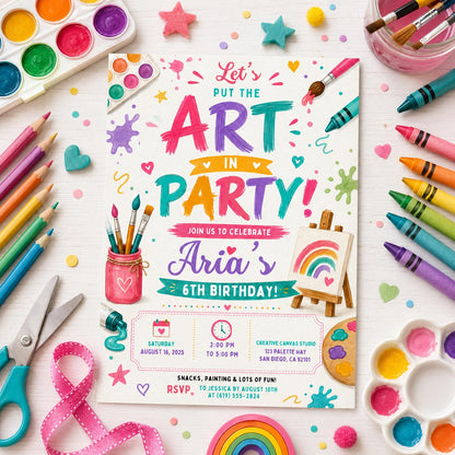 Editable Art Birthday Invitation Canva Template, Cute Modern Fun Themed Custom DIY Sweet Chic Kids Party Invite, Printable Digital Download.