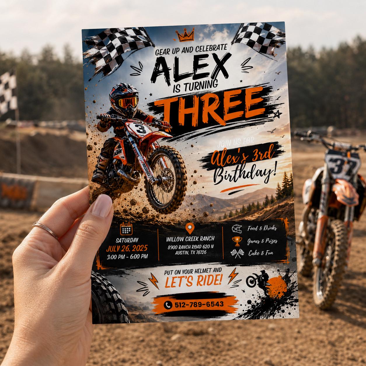 Editable Motocross Birthday Invitation Canva Template, Boys Kids Cute Modern Fun Themed Custom DIY Party Invite, Printable Digital Download.
