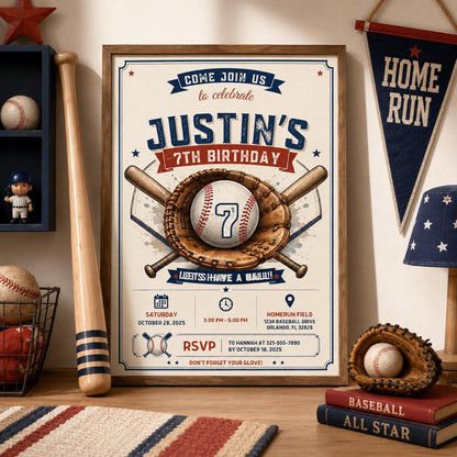 Editable Baseball Birthday Invitation Canva Template, Cream Boys Teens Cute Fun DIY Chic Kids Teen Party Invite, Printable Digital Download.