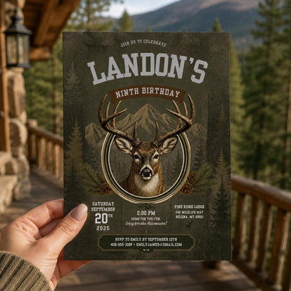 Editable Deer Hunting Birthday Invitation Canva Template, Modern Boys Deer Cute Fun DIY Sweet Chic Party Invite, Printable Digital Download.