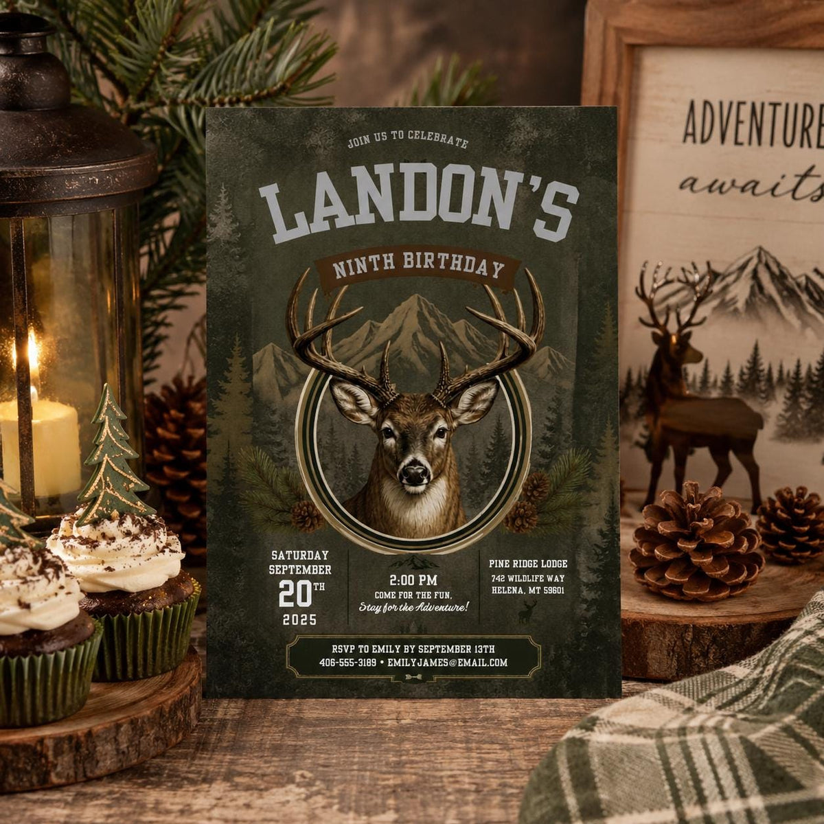 Editable Deer Hunting Birthday Invitation Canva Template, Modern Boys Deer Cute Fun DIY Sweet Chic Party Invite, Printable Digital Download.