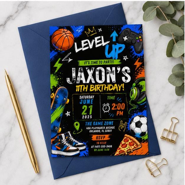 Editable Sports Birthday Invitation Canva Template, Neon Boys Kids Teens Sports Sport Cute Fun DIY Party Invite, Printable Digital Download.