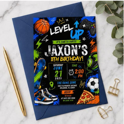 Editable Sports Birthday Invitation Canva Template, Neon Boys Kids Teens Sports Sport Cute Fun DIY Party Invite, Printable Digital Download.