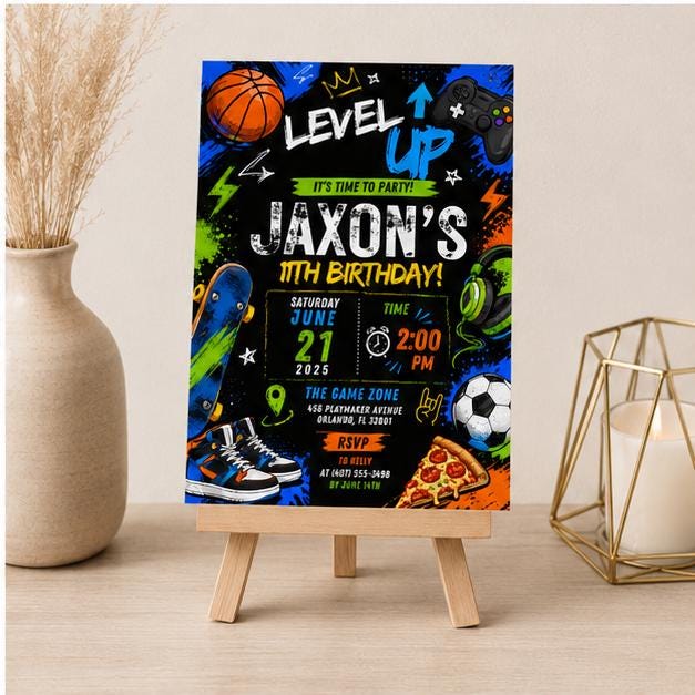Editable Sports Birthday Invitation Canva Template, Neon Boys Kids Teens Sports Sport Cute Fun DIY Party Invite, Printable Digital Download.