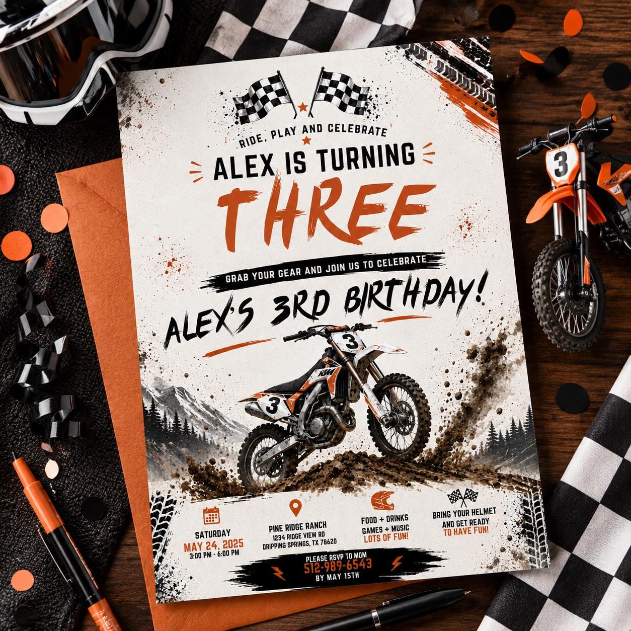 Editable Motocross Birthday Invitation Canva Template, Boys Kids Cute Modern Fun Themed Custom DIY Party Invite, Printable Digital Download.