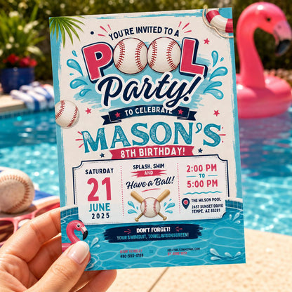 Editable Baseball Pool Birthday Invitation Canva Template, Cream Teens Pool Cute Fun DIY Chic Kids Party Invite, Printable Digital Download.